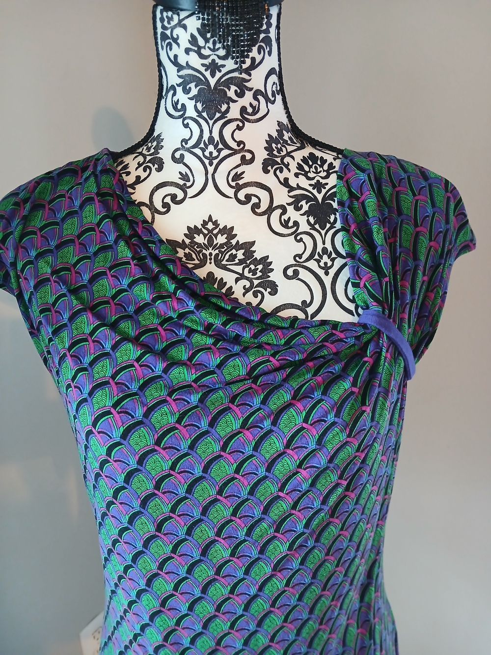 Nicole Miller Green & Purple Peacock-Print Cap Sleeve Top